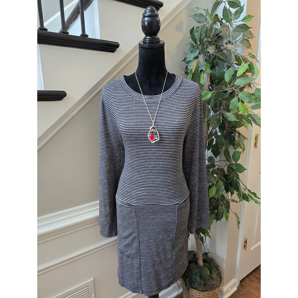 Midnight Sweater Dress L Black Gray Stretch Striped Crew Long Sleeve Pullover